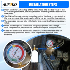 Aupoko hose connected to vehicle low-side port demonstrating practical in-car recharge use
