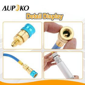 Aupoko injector connected to a car AC low-side port during service, efficient technician use