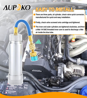 Aupoko injector connected to a car AC low‑side port demonstrating safe compressor‑off injection benefit