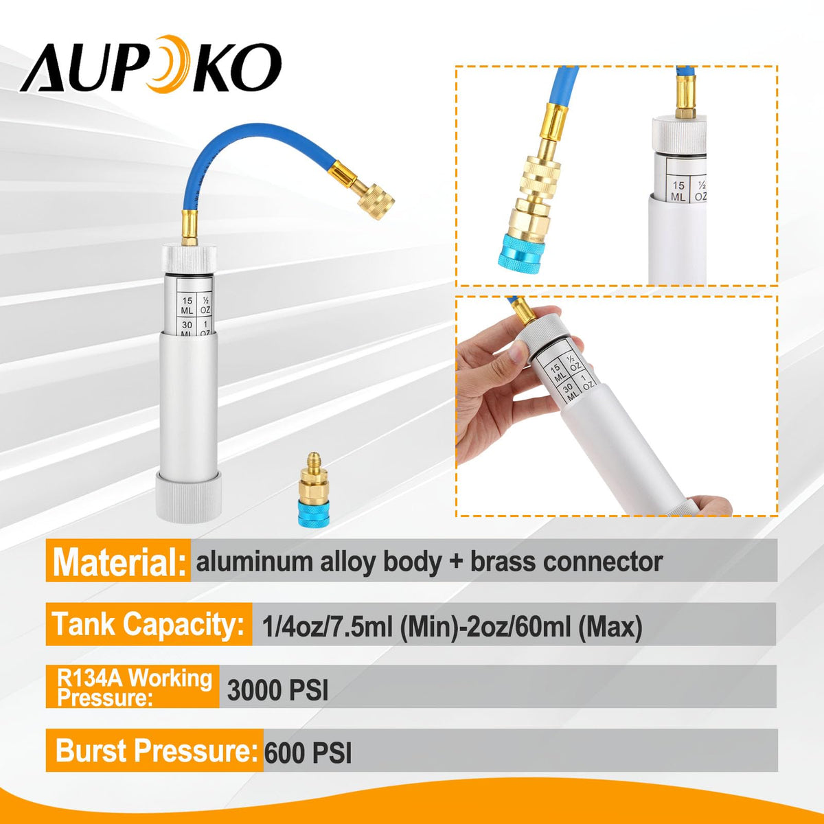 Aupoko snap quick coupler attached to low-side port, quick leak-free connection benefit