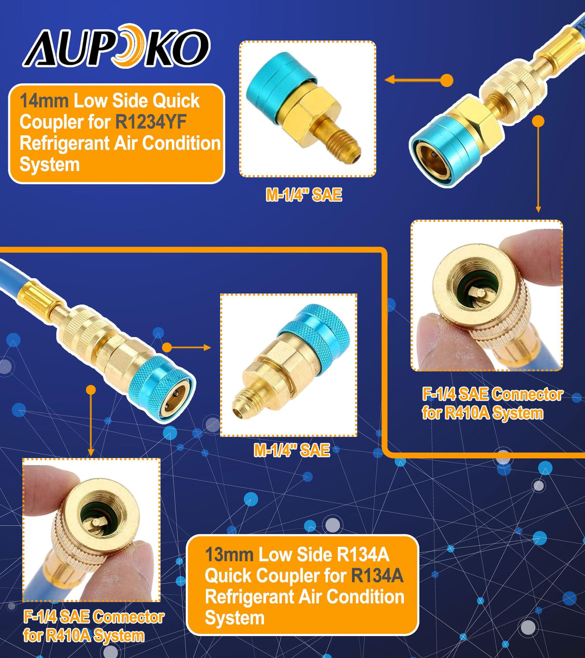 Aupoko quick couplers side by side showing R134A and R1234YF compatibility benefit