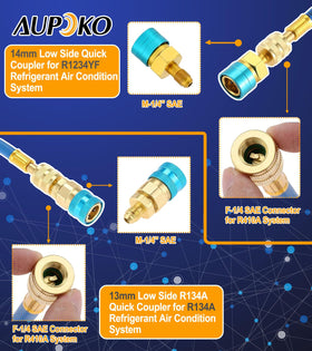 Aupoko quick couplers side by side showing R134A and R1234YF compatibility benefit