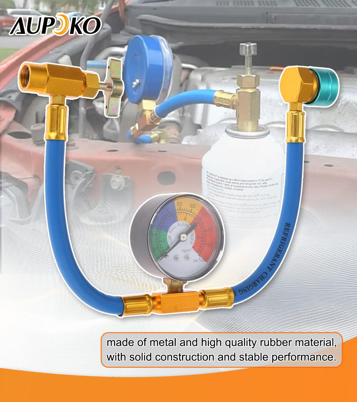 Aupoko hose connected to vehicle low-side port demonstrating hands-on charging convenience