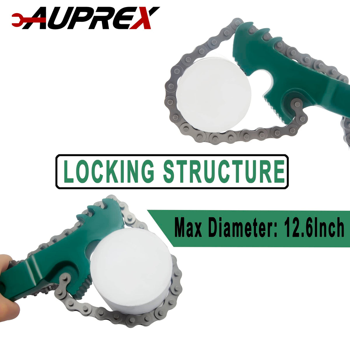 AUPREX chain head closeup highlighting concave teeth for firm grip