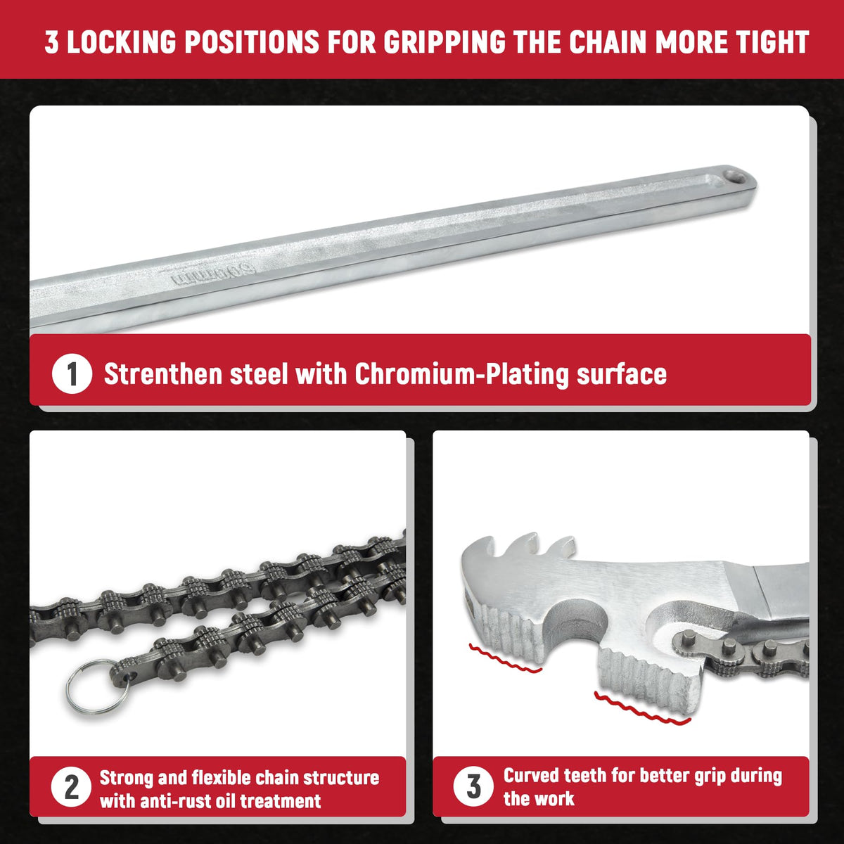 AUPREX hardened steel chain close-up demonstrating durable grip strength