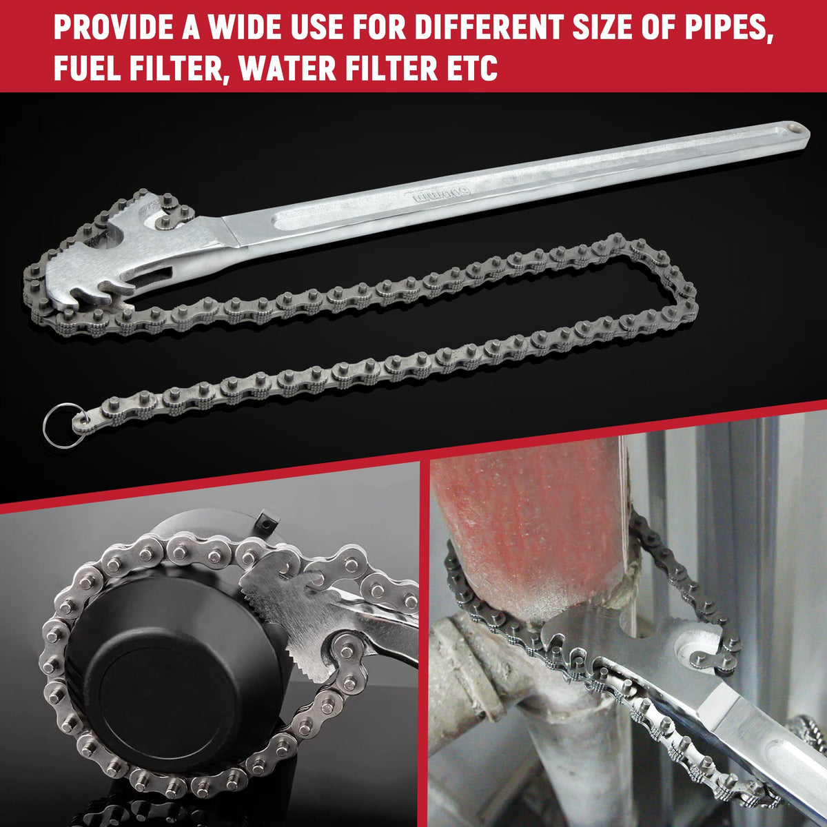 AUPREX wrench removing large oil filter illustrating practical workshop use
