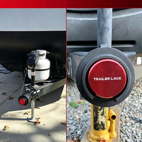 AUREOASIS lock beside hitch ball showing scale and universal coupler compatibility