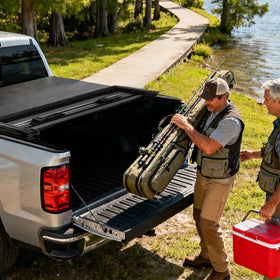 Aurorasters protecting camping gear in truck bed showing organized safe storage benefit