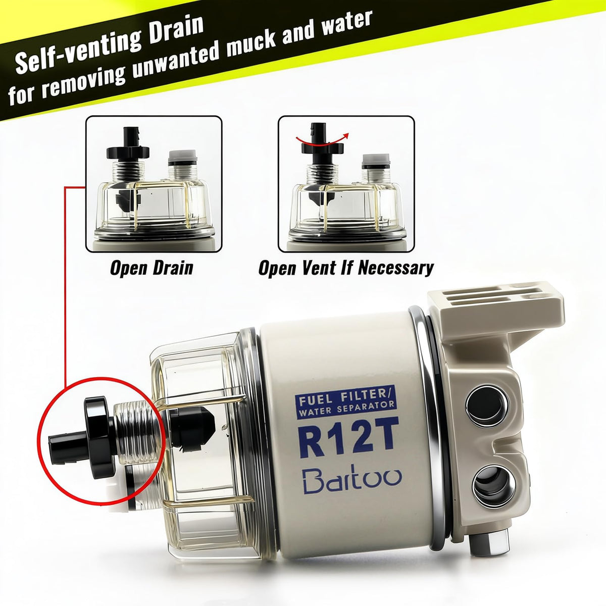 Aurorasters R12t mounted on boat engine protecting fuel system from contaminants