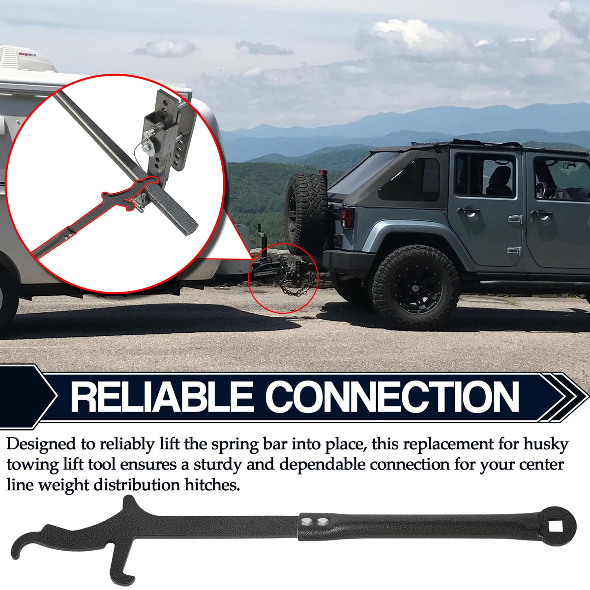 Aussio lift tool in trailer setup scene, illustrates practical towing readiness benefit