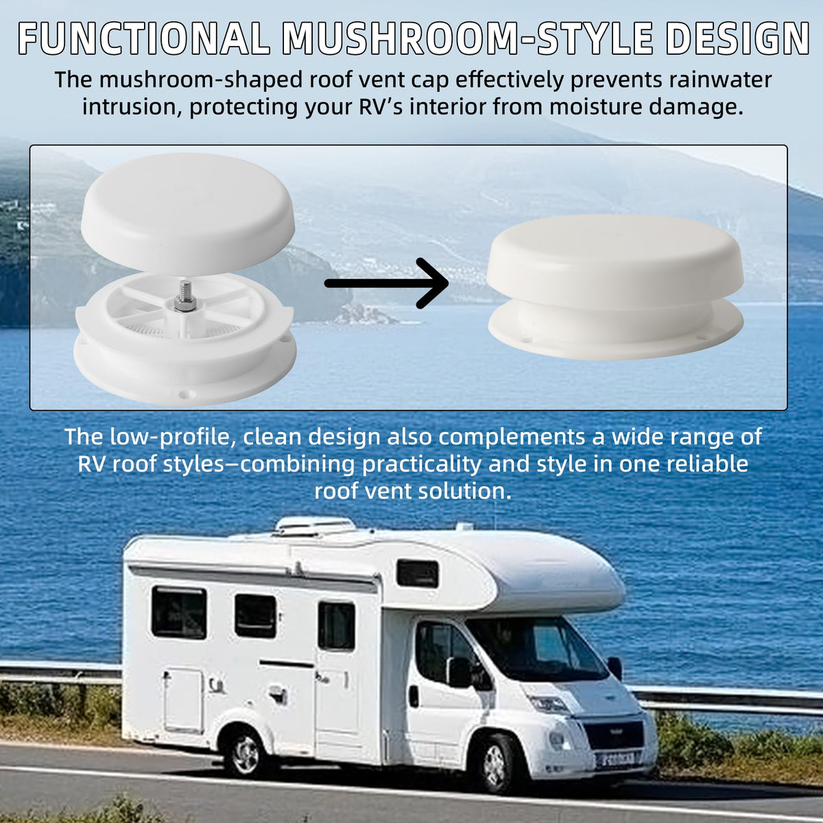 Aussio mushroom vent cap installed on RV roof demonstrating leak protection