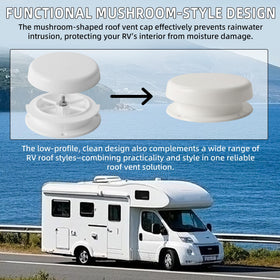 Aussio mushroom vent cap installed on RV roof demonstrating leak protection