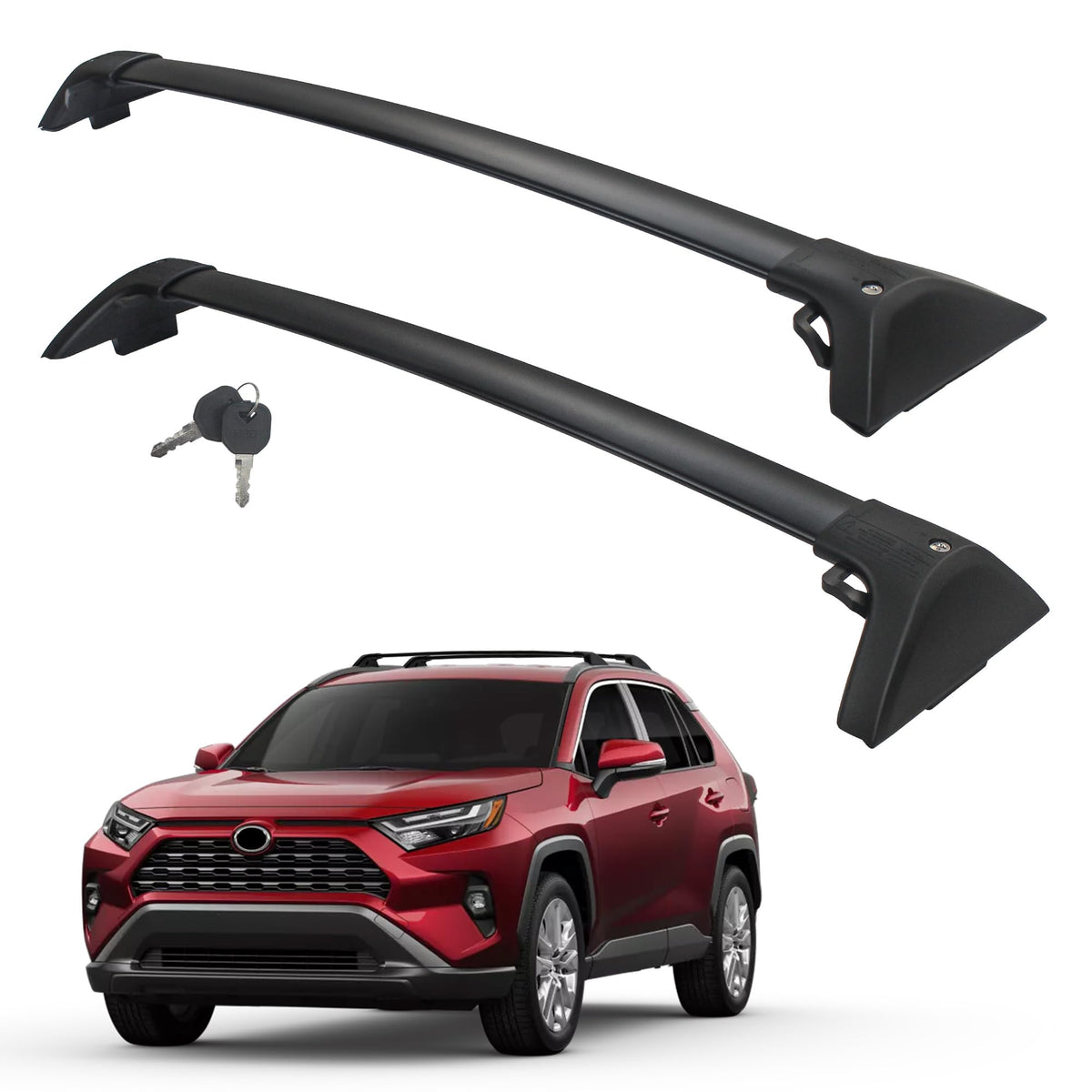 Autekcomma crossbars front view mounted on RAV4 showing secure fit and sleek look