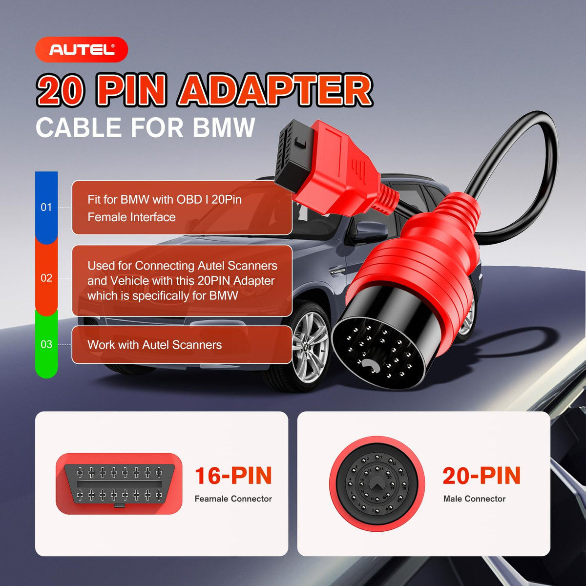 Autel close-up of 20-pin connector emphasizing durable contacts and reliability