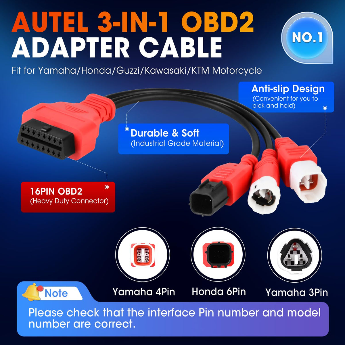Autel adapter 6-pin plug close-up showing correct pin pattern for compatible European motorcycles