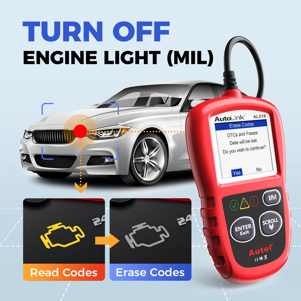 Autel AL319 connector and cable showing plug for easy access to vehicle OBD-II port