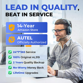 Autel AL319 packaging and manual laid out to show included warranty and user instructions