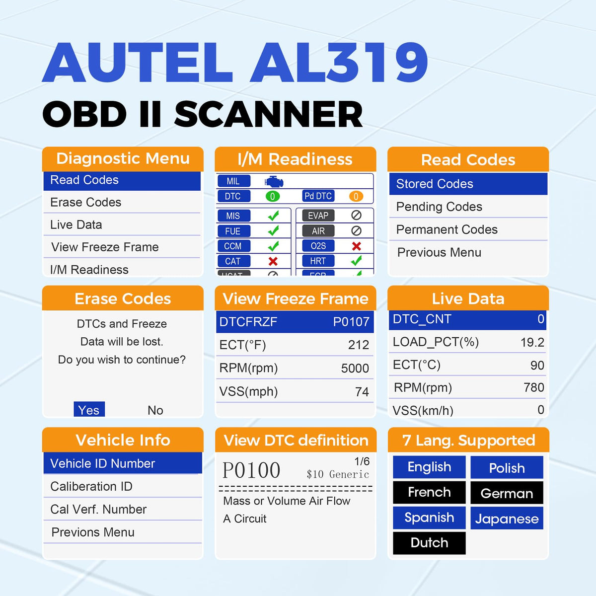 Autel AL319 color screen close-up displaying DTCs for faster code reading and understanding