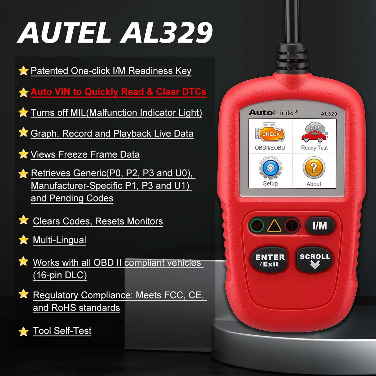 Autel AL329 plugged into vehicle OBD-II port for immediate code access