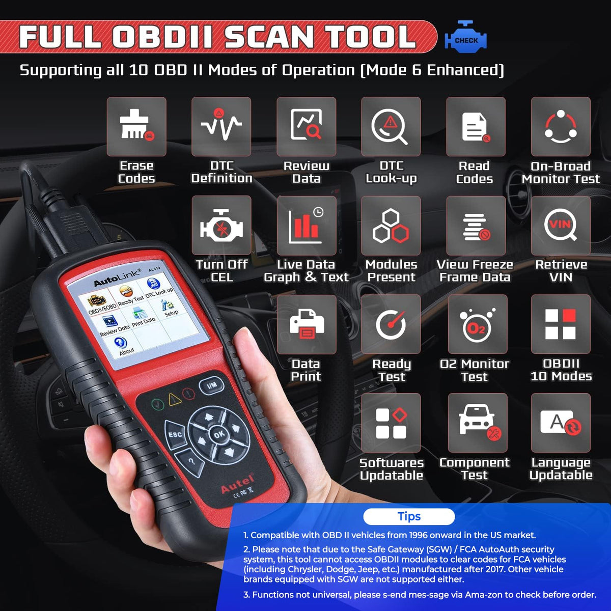 Autel AL519 rear panel and OBD2 port connection for easy setup