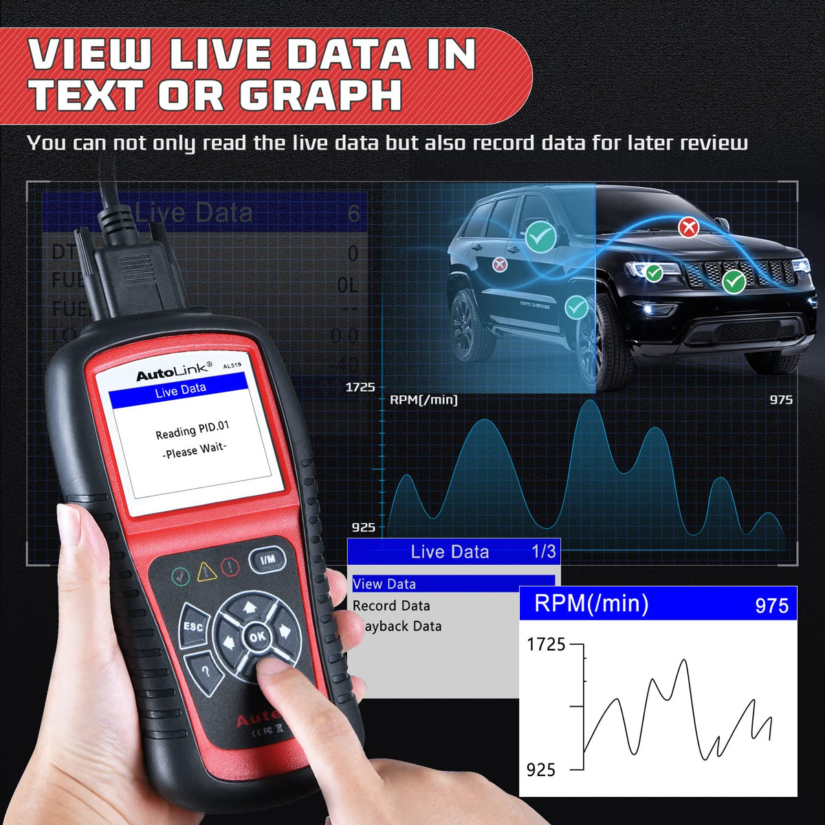 Autel AL519 live data graph screen showing sensor trends for troubleshooting