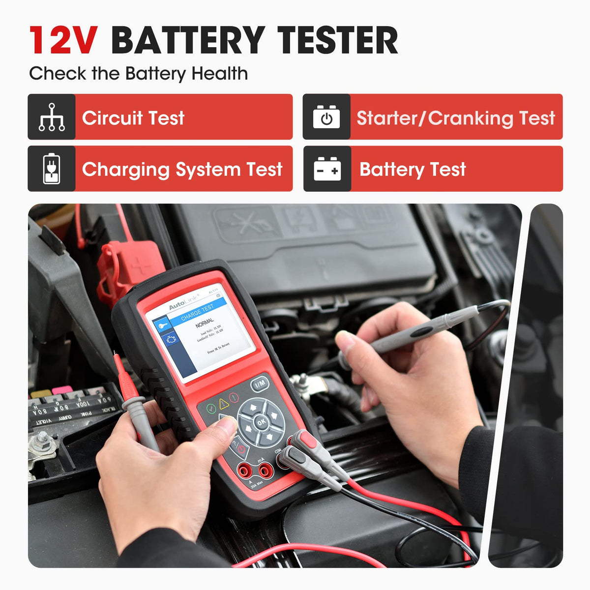 Autel AL539B connected to a car battery showing battery test in progress