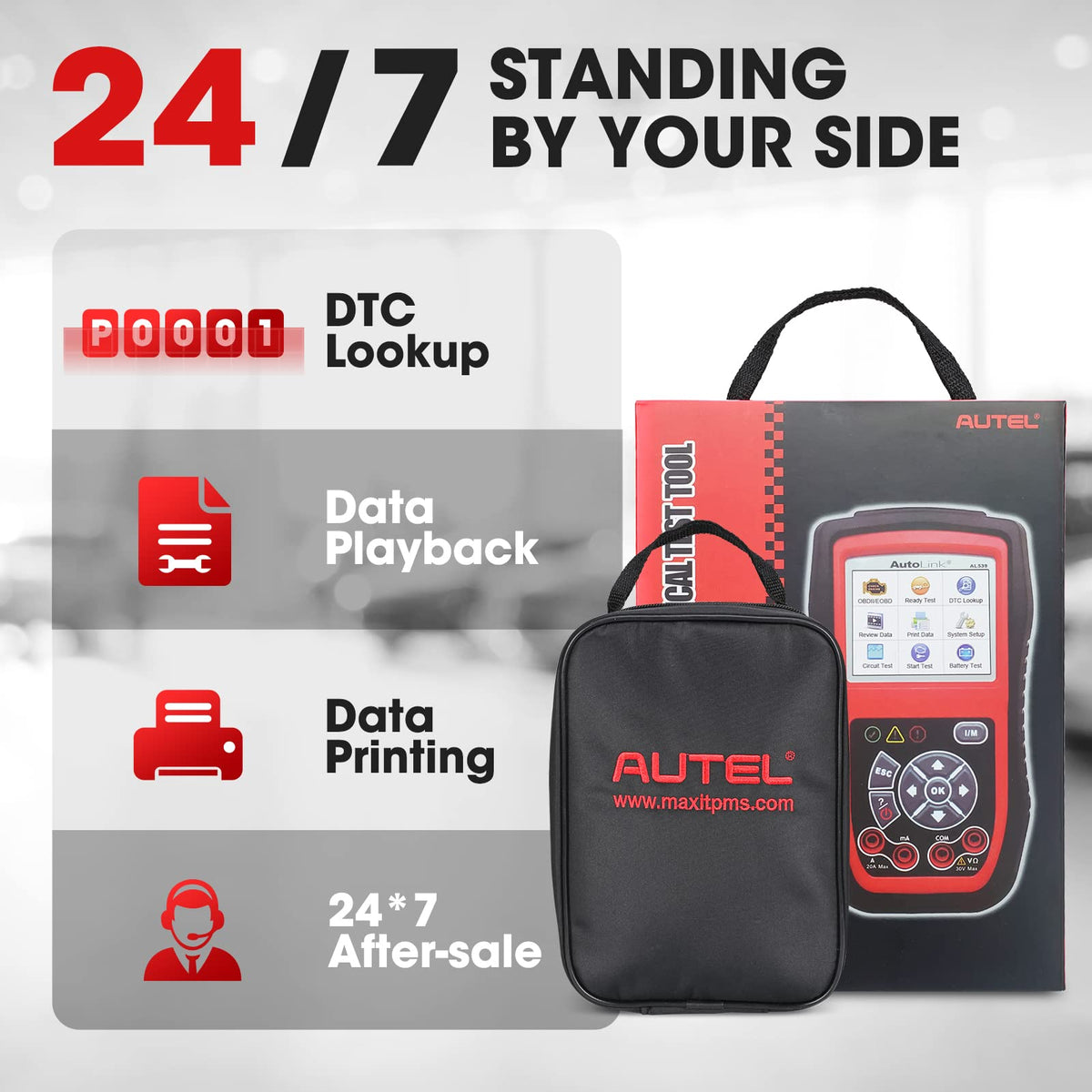 Autel AL539B on a workshop bench with car in background for real use