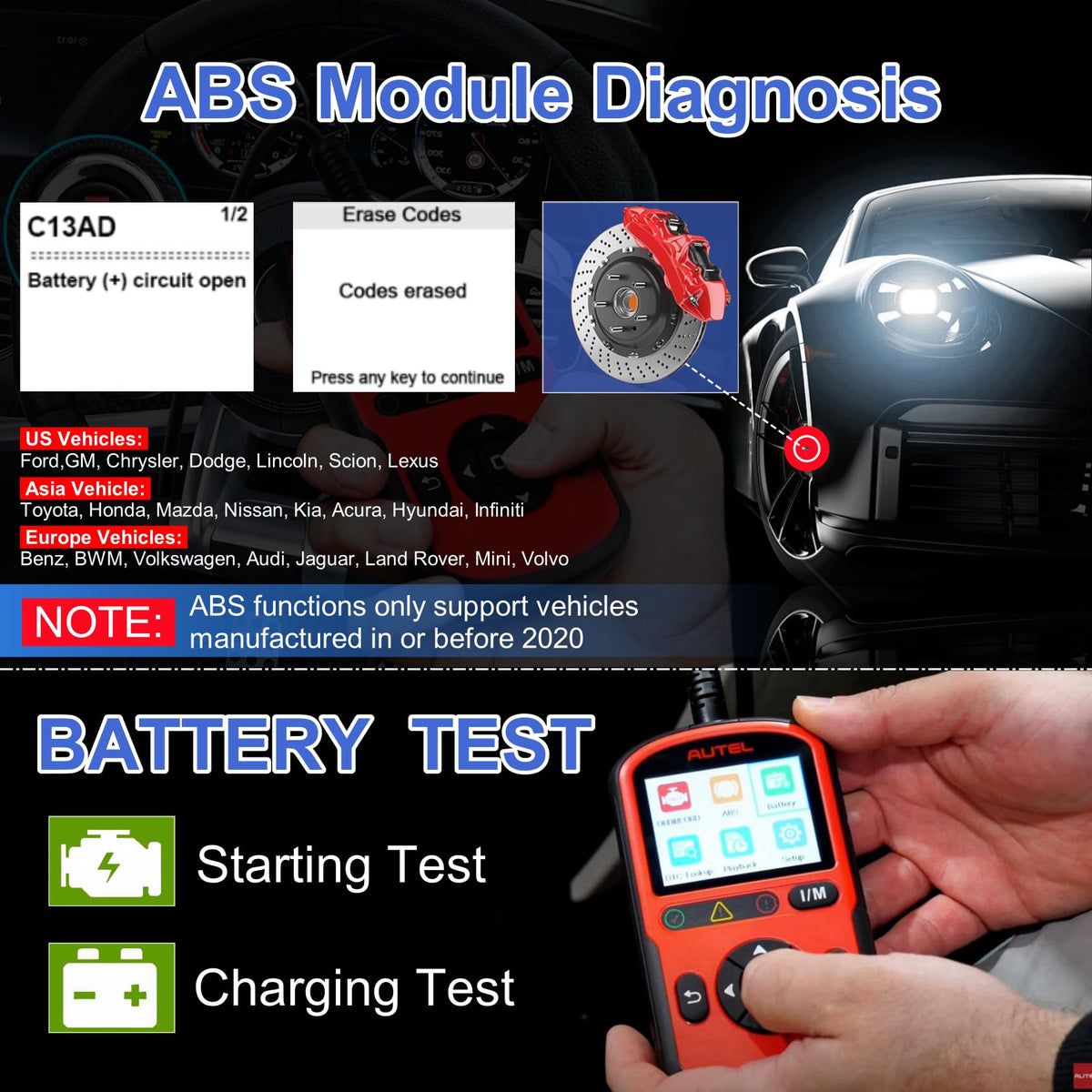 Autel AL549 battery test result screen showing pass/fail and guidance