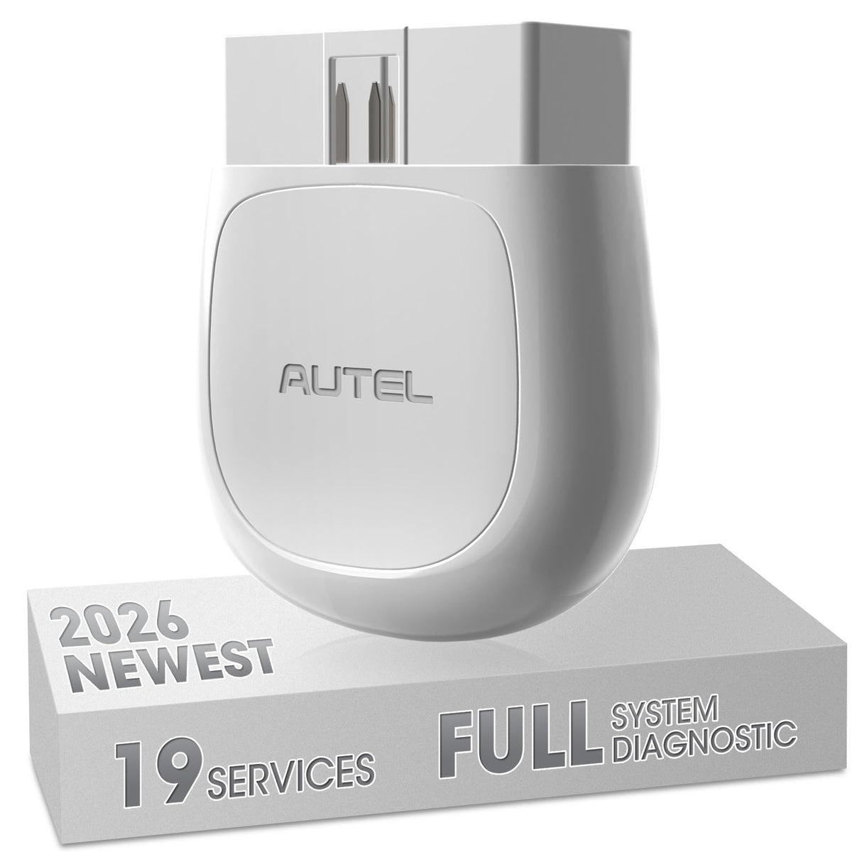 Autel AP200 front view showing compact Bluetooth OBD2 adapter and clear label for easy storage