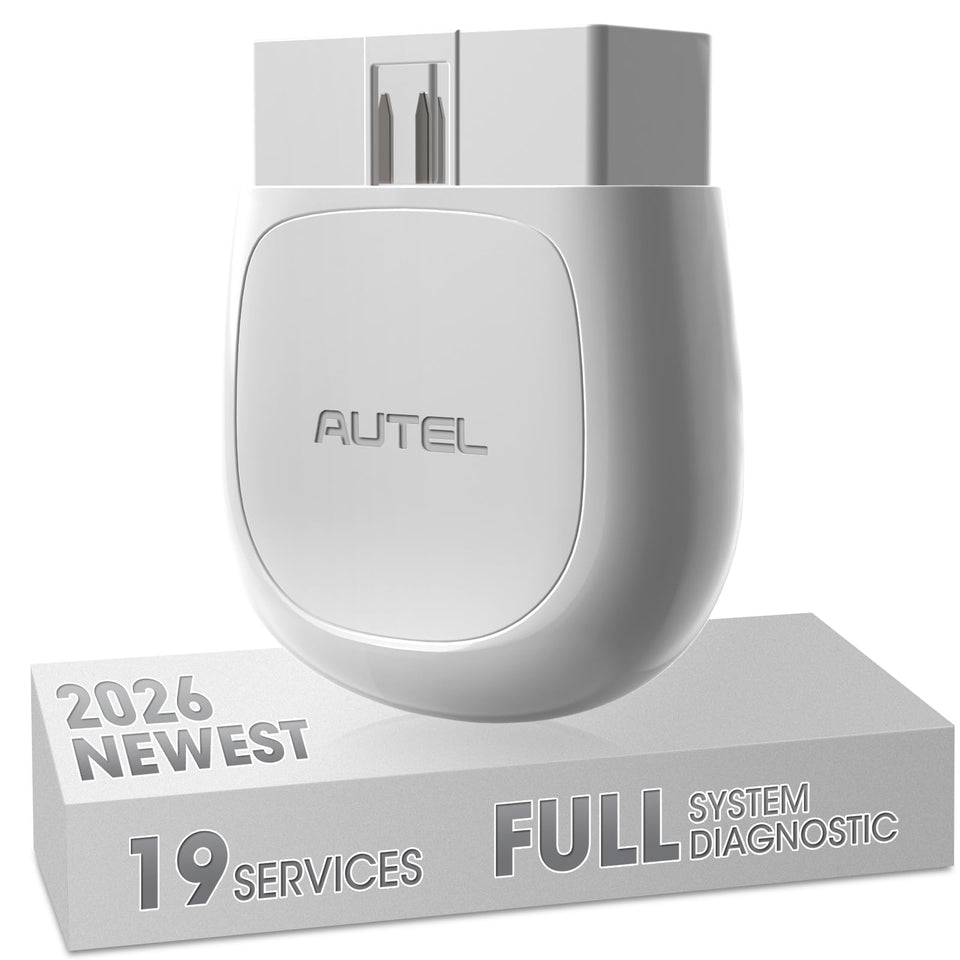 Autel AP200 front view showing compact Bluetooth OBD2 adapter and clear label for easy storage