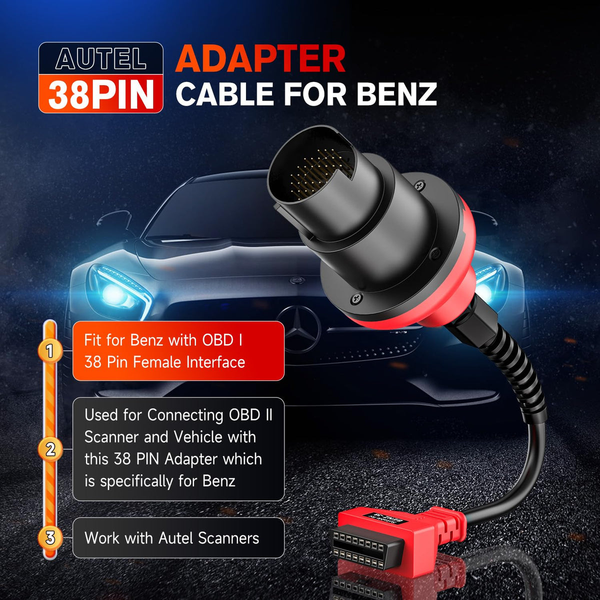 Autel adapter 16-pin OBDII plug ready to attach to a scanner for diagnostics