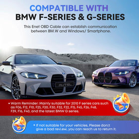 Autel ENET cable plugged into BMW OBD port for reliable module access