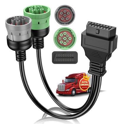 Autel front connectors showing 16-pin OBD2 plug and Y-cable, reliable connectivity
