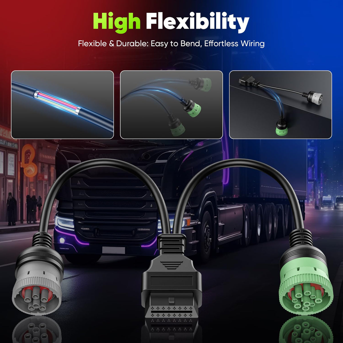 Autel adapter plugged into a diesel truck port showing real-world compatibility