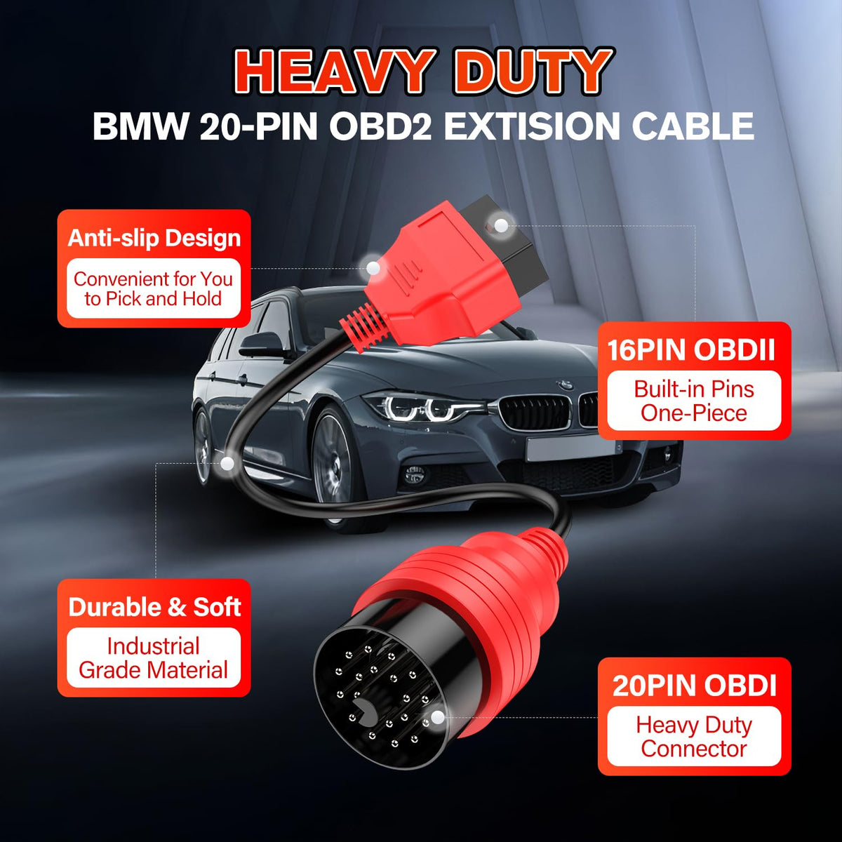 Autel adapter plugged into BMW under-dash port protecting factory connector