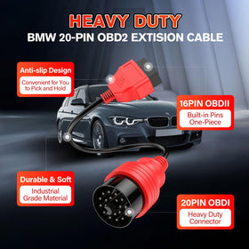 Autel adapter plugged into BMW under-dash port protecting factory connector