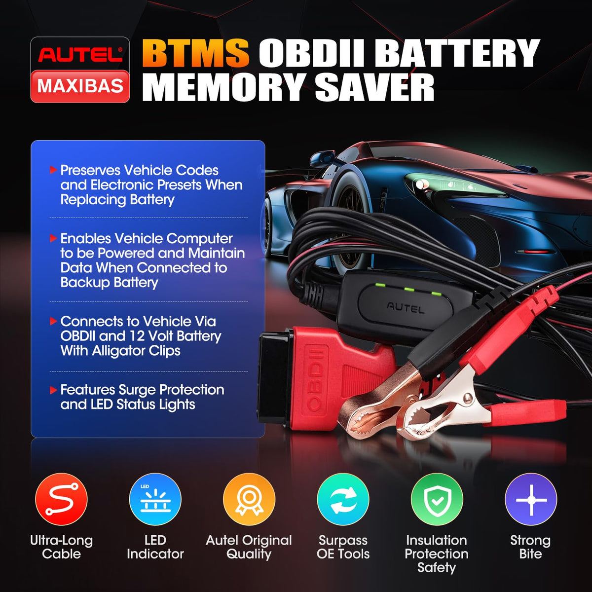 Autel MaxiBAS close-up of OBD-II connector for secure vehicle power preservation