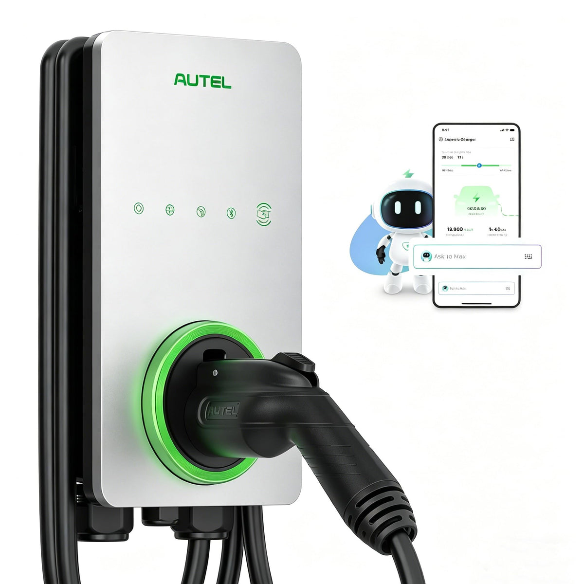 Autel MaxiCharger front view showing sleek silver housing and accessible connector for reliable home charging