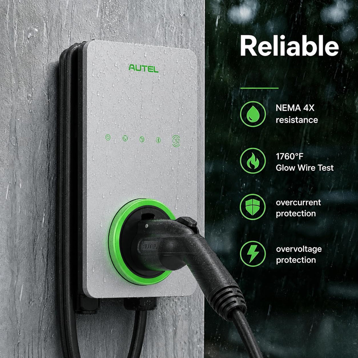 Autel MaxiCharger J1772 plug and connector close-up ensuring wide EV compatibility and secure connection