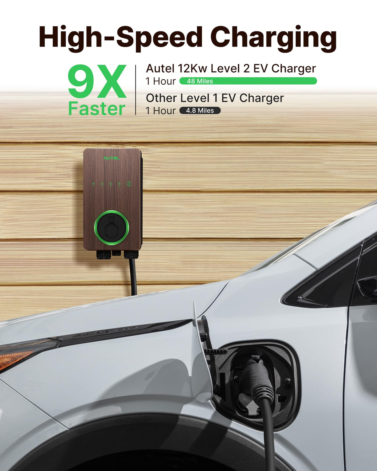 Autel MaxiCharger wood grain finish highlighting durable weather‑resistant texture