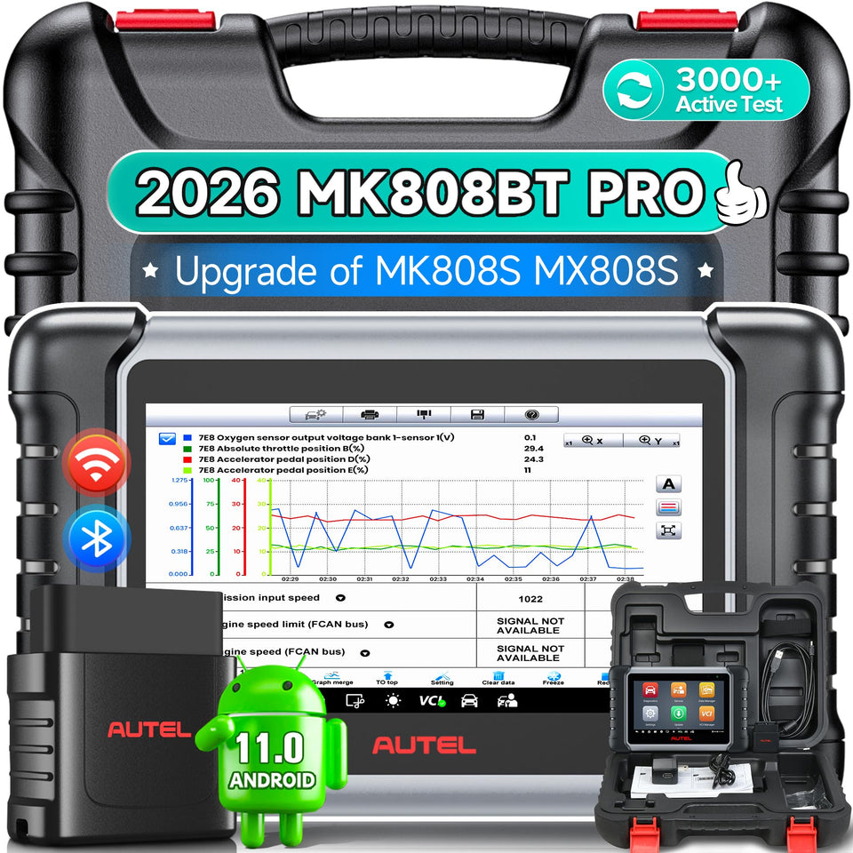 Autel MK808BT PRO front view showing large touchscreen and durable housing benefits quick reading