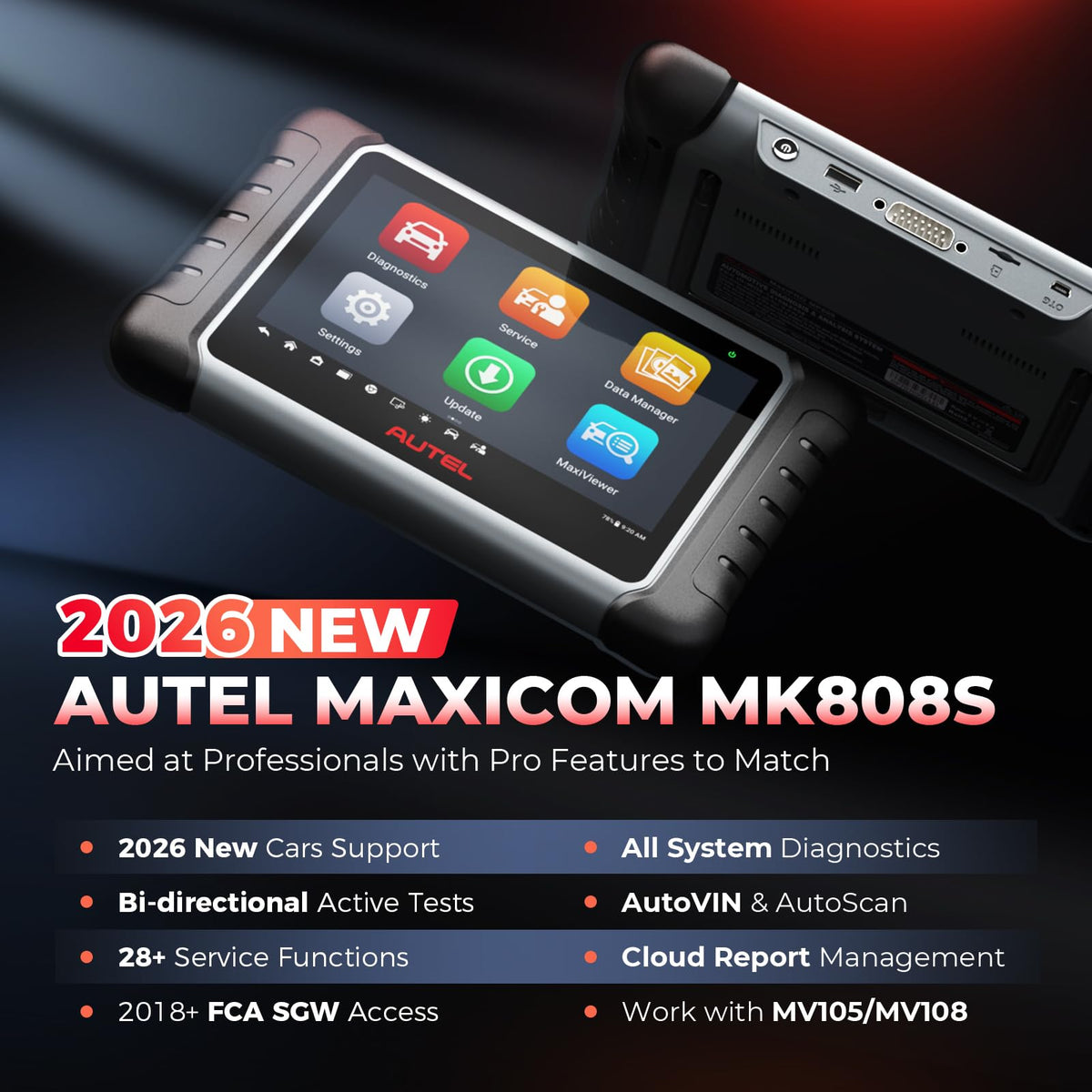 Autel MK808S OBD2 connector cable attached demonstrating easy vehicle hookup