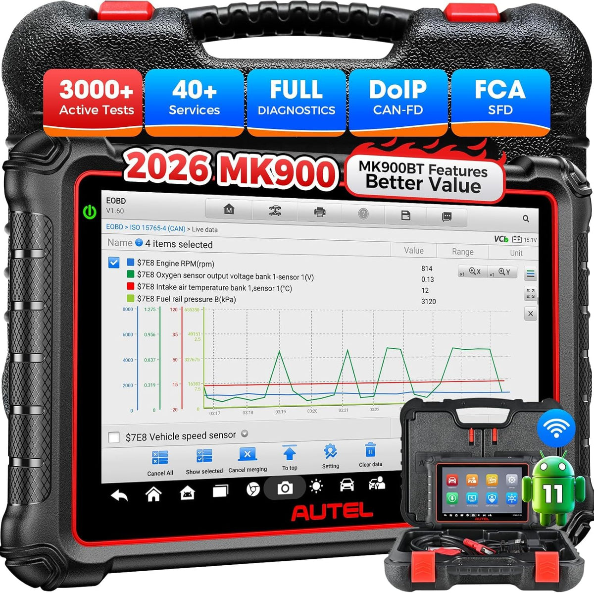 Autel MK900 front tablet display showing diagnostics for faster reads