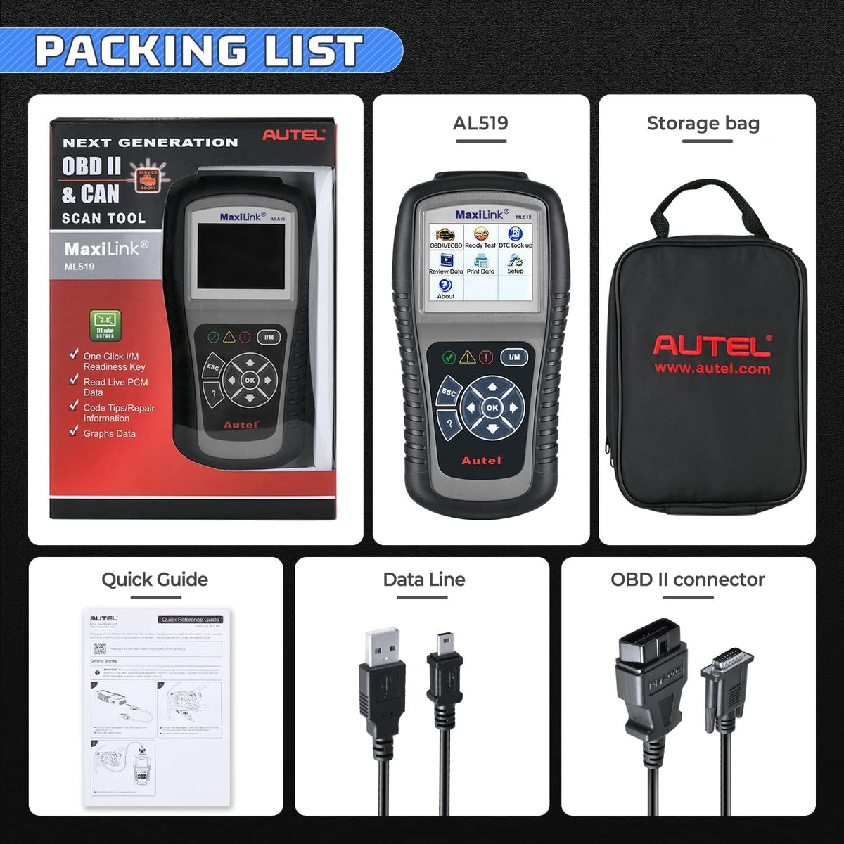 Autel ML519 on workbench in garage to illustrate real-world diagnostic use