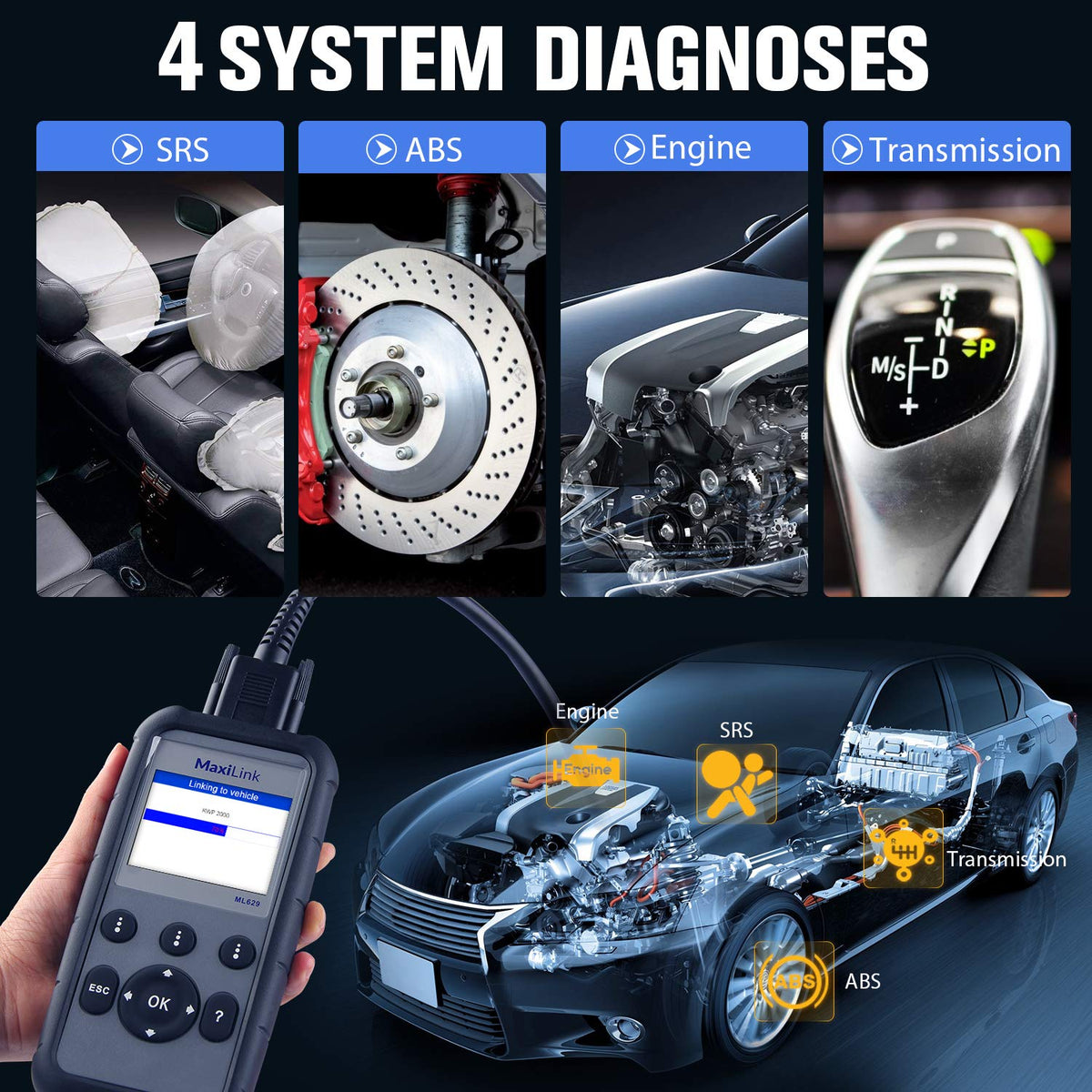Autel ML629 back label and OBD2 port details, easy vehicle connection benefit