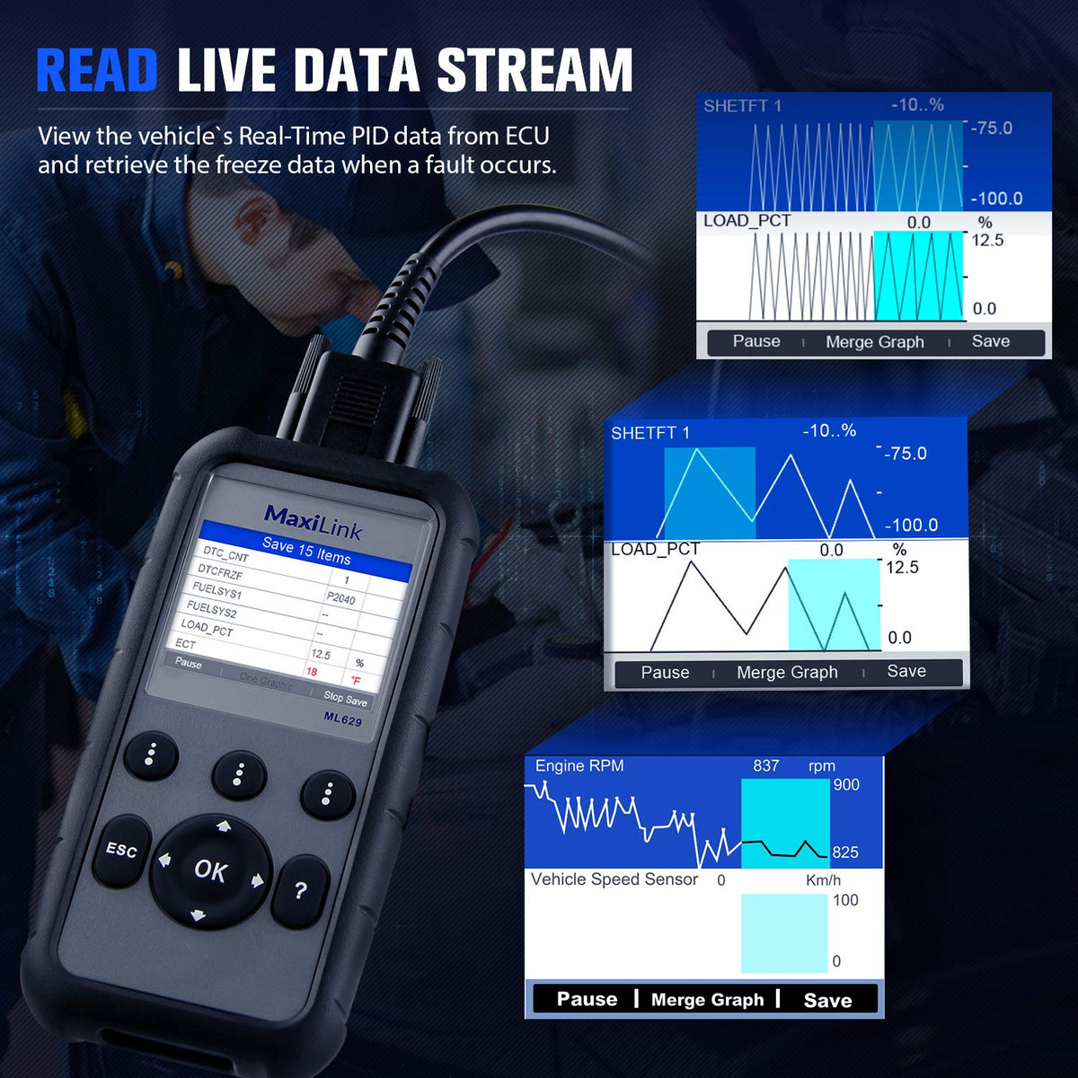 Autel ML629 plugged into vehicle OBD port, Autel enables fast system scans