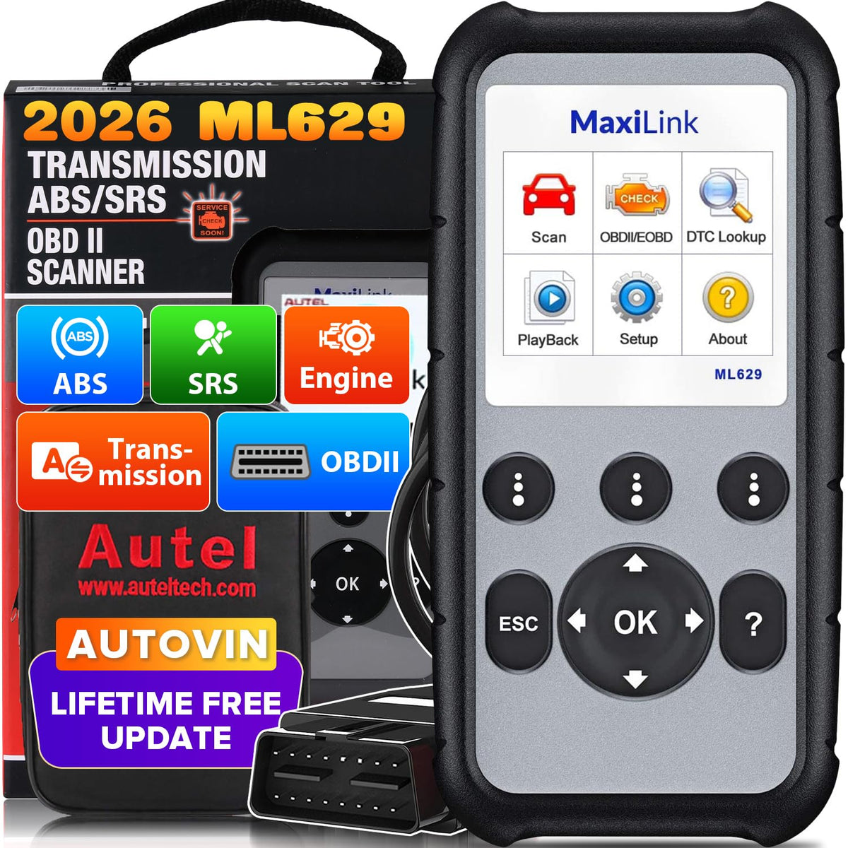 Autel ML629 front view showing screen and rugged housing, reliable diagnostics
