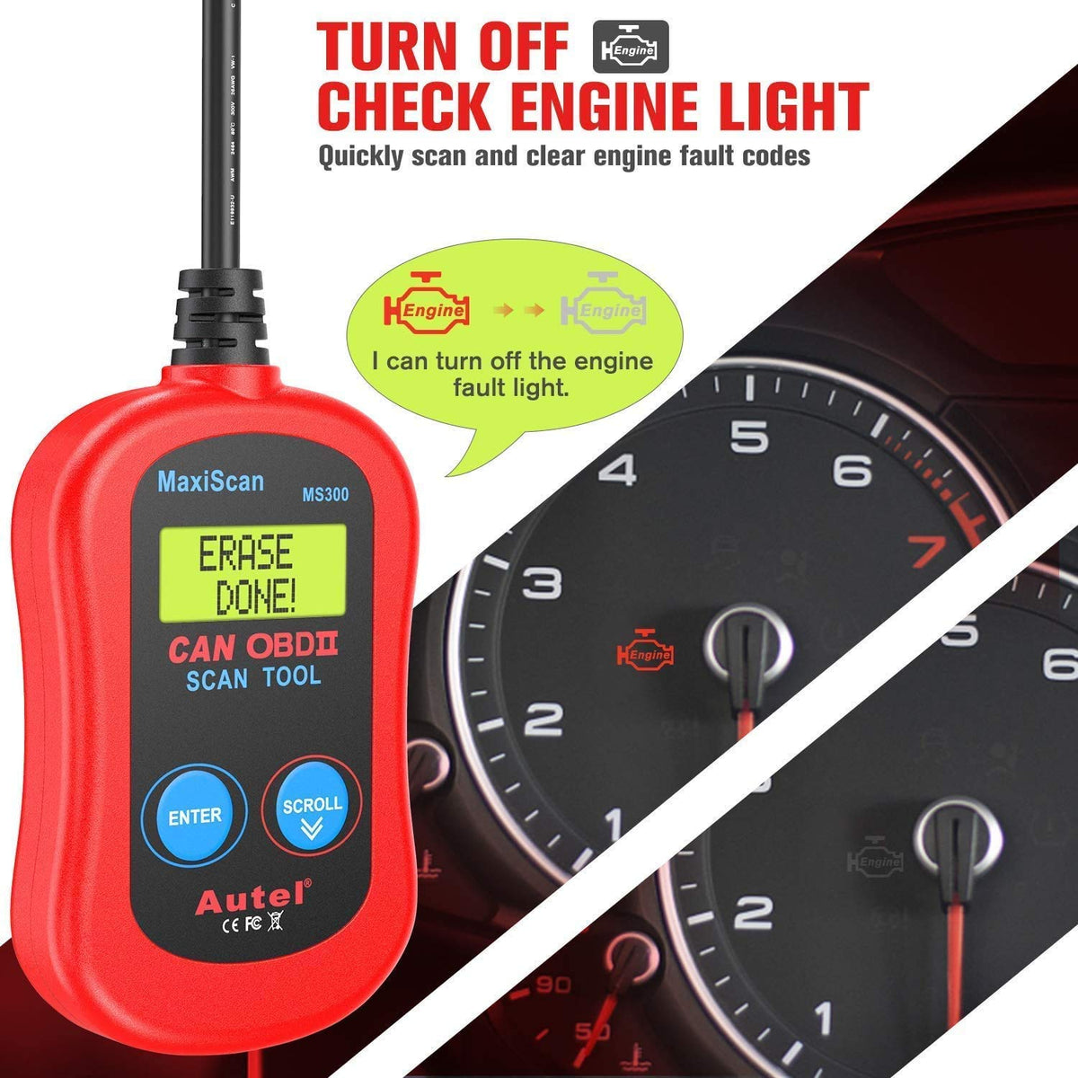 Autel MS300 plugged into car OBD port showing fast code retrieval benefit