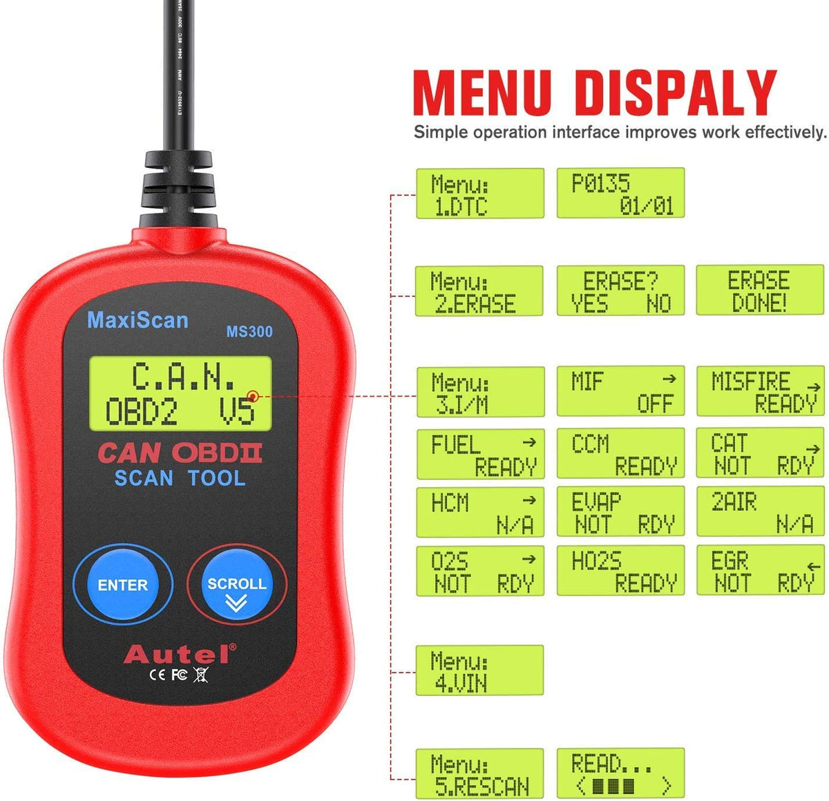 Autel MS300 display showing retrieved fault codes and on-screen definitions