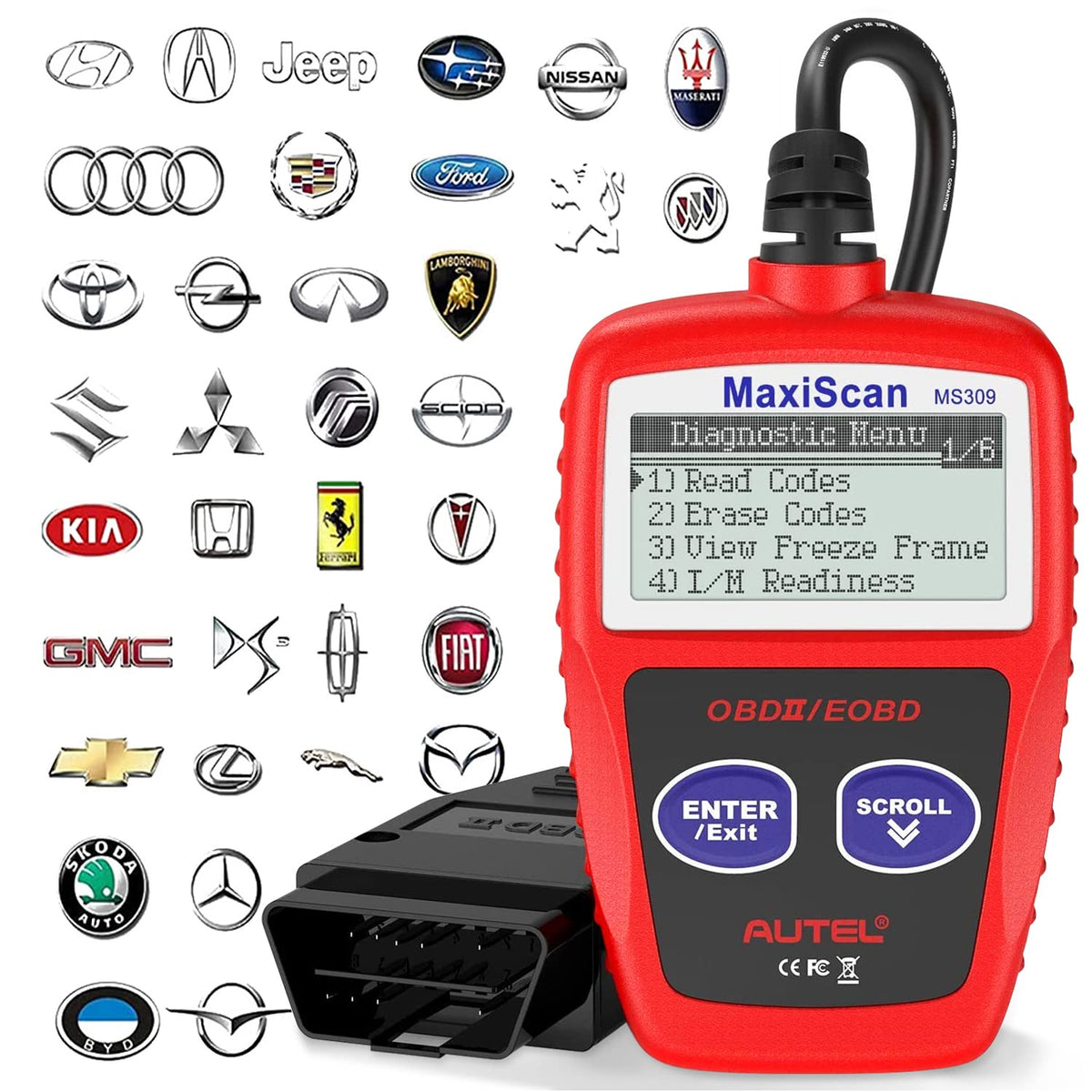Autel MS309 front view showing compact housing and buttons for quick diagnostics